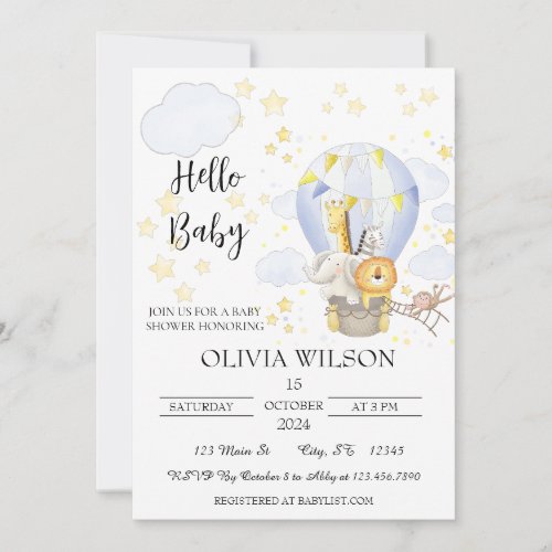 Safari Animals in a  Hot Air Balloon Baby Shower  Invitation