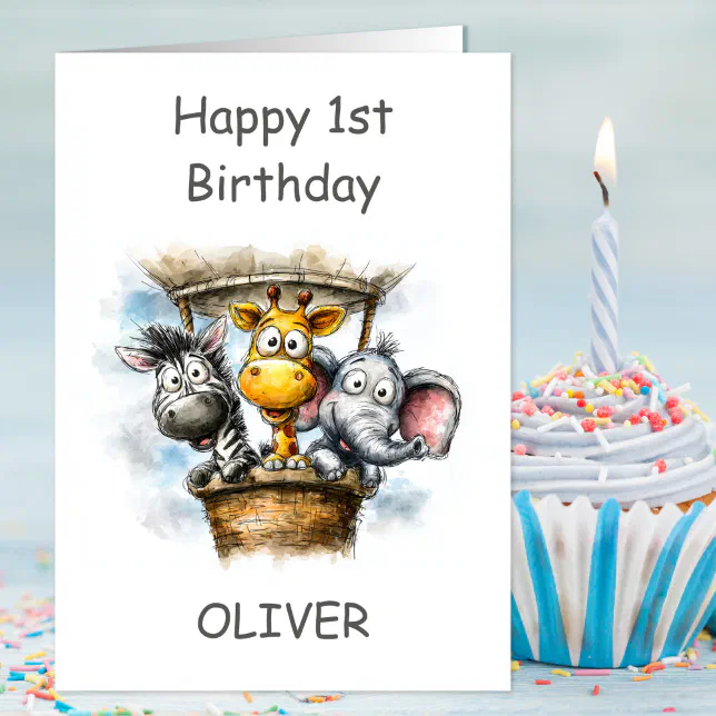 Safari Animals in Hot Air Balloon 1st Birthday Card | Zazzle