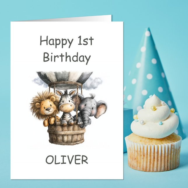 Safari Animals in Hot Air Balloon 1st Birthday Card (Creator Uploaded)