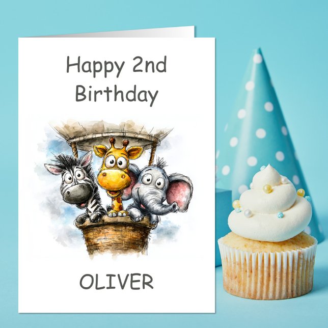 Safari Animals in Hot Air Balloon 2nd Birthday Card (Creator Uploaded)