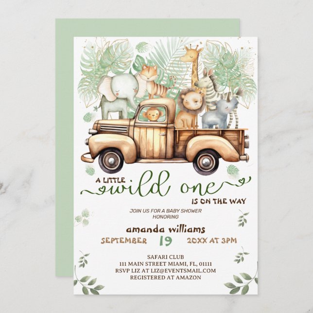 Safari animals in the car baby shower  invitation (Front/Back)