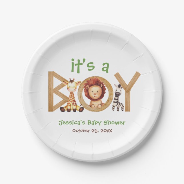 Safari Animals It's a Boy Wood Baby Shower Paper Plates (Front)