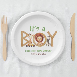 Safari Animals It's a Boy Wood Baby Shower Paper Plates