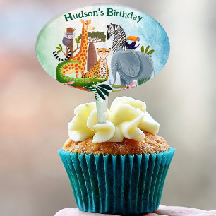 Safari animals jungle birthday watercolor cake topper
