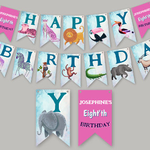Safari animals jungle birthday watercolor girl bunting flags