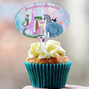 Safari animals jungle birthday watercolor girl cake topper