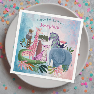 Safari animals jungle birthday watercolor girl napkins