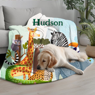 Safari animals jungle birthday watercolor kid fleece blanket