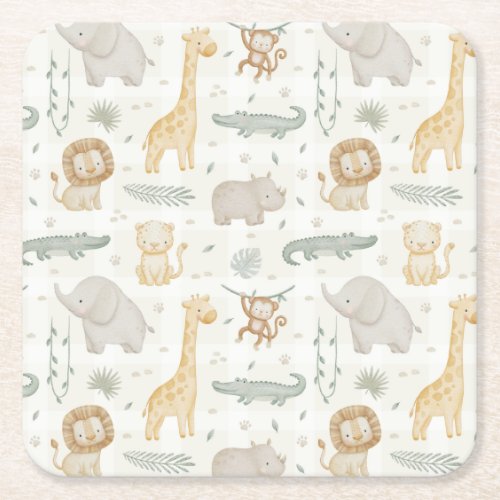 Safari Animals Jungle Greenery Gingham Check Square Paper Coaster