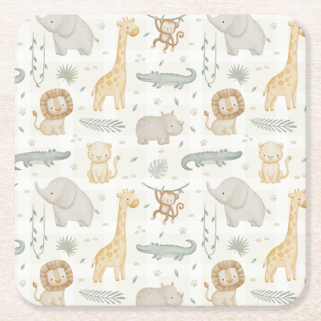Safari Animals Jungle Greenery Gingham Check Square Paper Coaster (Front)