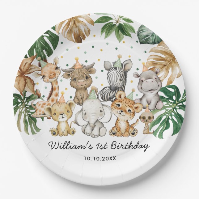 Safari Animals Jungle Greenery Wild One Birthday Paper Plates (Front)