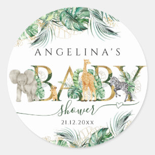 Safari Animals jungle leaves Baby Shower Classic Round Sticker