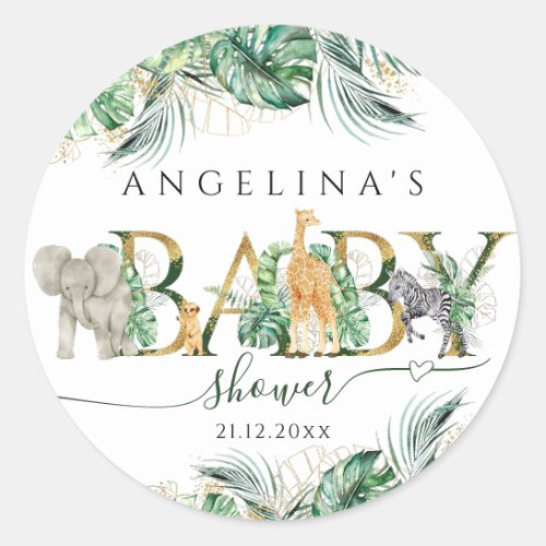 Safari Animals jungle leaves Baby Shower Classic Round Sticker