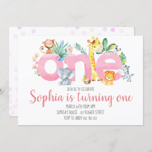 Safari Animals Jungle Pink Girl 1st First Birthday Invitation