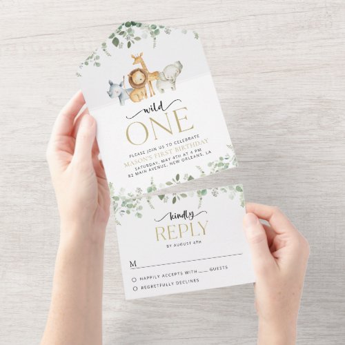 Safari Animals Jungle Wild One First Birthday All In One Invitation