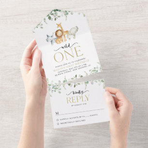 Safari Animals, Jungle, Wild One, First Birthday All In One Invitation
