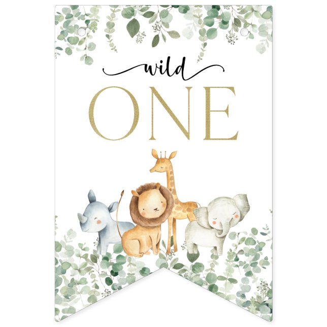 Safari Animals, Jungle, Wild One, First Birthday Bunting Flags (First Flag)