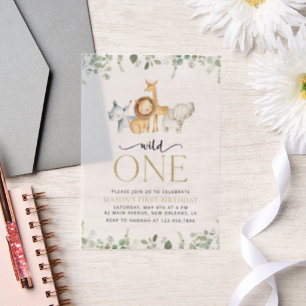 Safari Animals, Jungle, Wild One, First Birthday Vellum Invitations