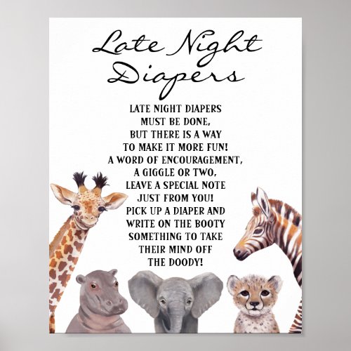 Safari Animals Late Night Diapers Baby Shower  Poster
