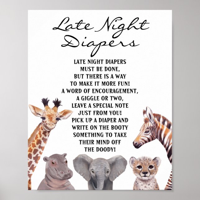 Safari Animals Late Night Diapers Baby Shower  Poster (Front)