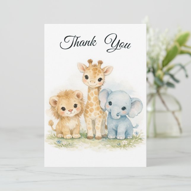 Safari Animals Lion Giraffe Elephant Blue Boy Invitation (Standing Front)
