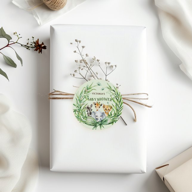 Safari Animals Mint Green Bow Baby Shower Classic Round Sticker (Creator Uploaded)