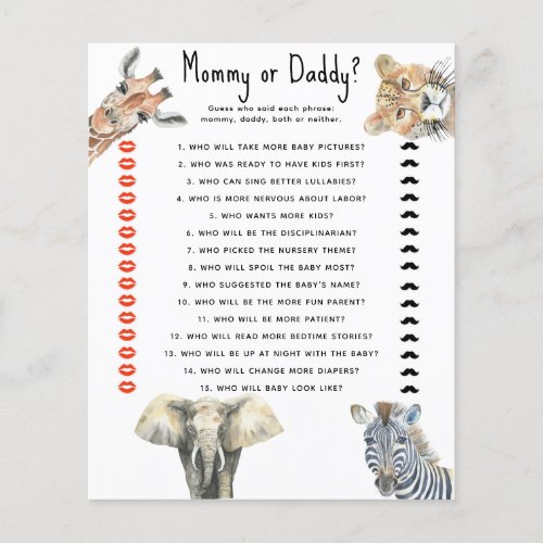 Safari animals _ mommy or daddy baby shower game