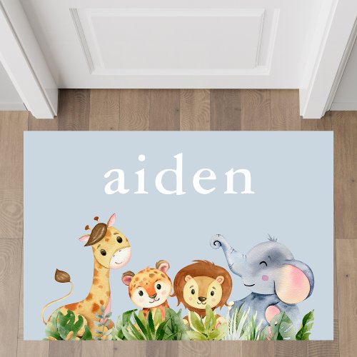 Safari Animals Monogram Blue Nursery Rug