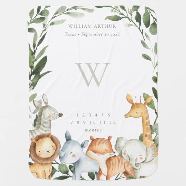 Safari Animals Monthly Milestone Baby Blanket (Front)