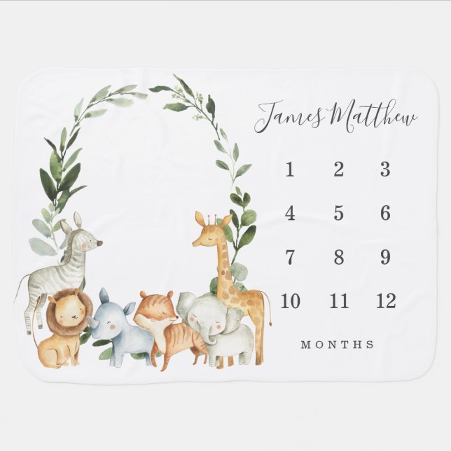 Safari Animals Monthly Milestone Baby Blanket (Horizontal)