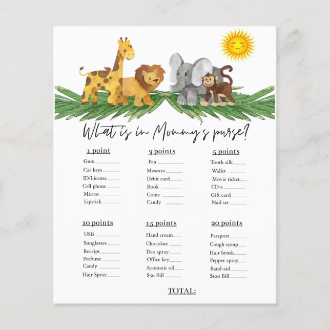 Safari Animals Mummy's Purse Baby Shower Game (Front)