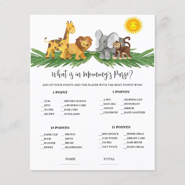 Safari Animals Mummy's Purse Baby Shower Game (Front)