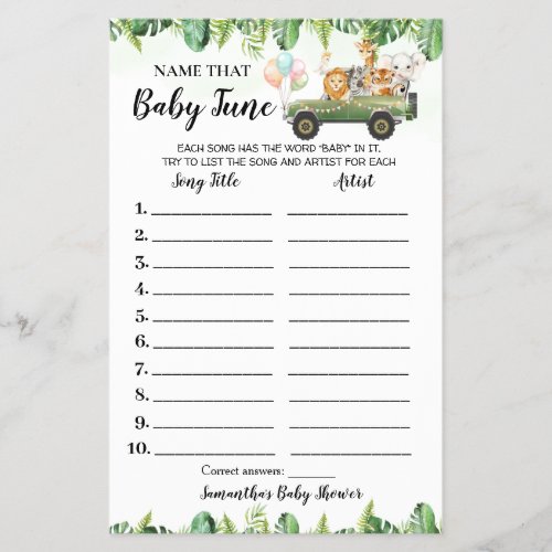 Safari Animals Name Baby Tune Shower Game card Flyer