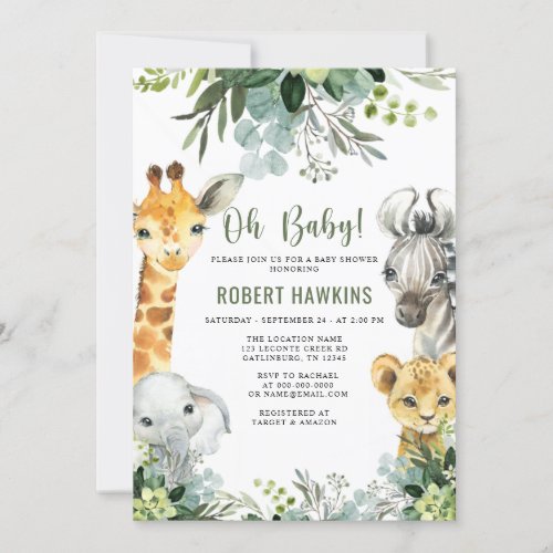 Safari Animals Oh Baby Greenery Jungle Baby Shower Invitation