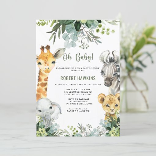 Safari Animals Oh Baby Greenery Jungle Baby Shower Invitation | Zazzle