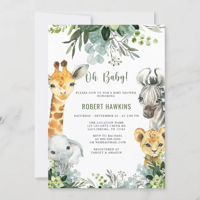 Safari Animals Oh Baby Greenery Jungle Baby Shower Invitation | Zazzle