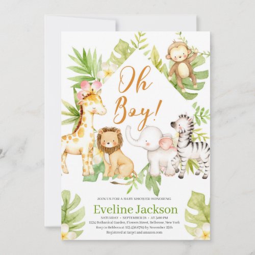 Safari Animals Oh Boy Baby Shower invitation Green