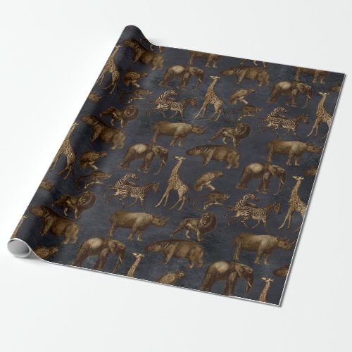 Safari Animals on Dark Blue Wrapping Paper
