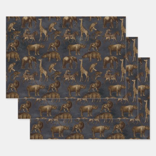 Safari Animals on Dark Blue Wrapping Paper Sheets
