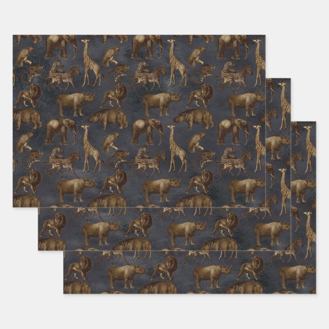 Safari Animals on Dark Blue Wrapping Paper Sheets (Set)