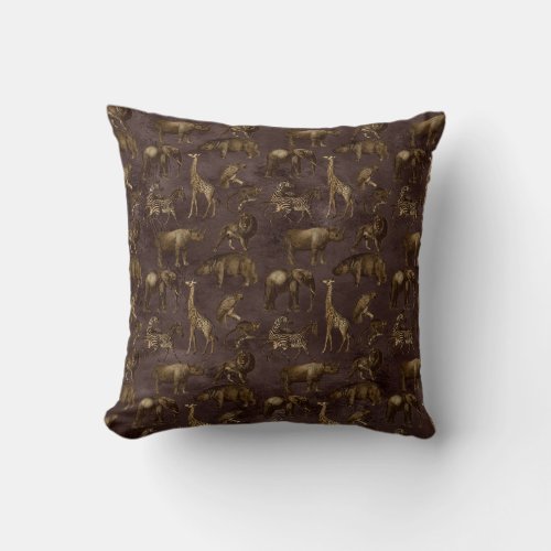 Safari Animals on Dark Brown Throw Pillow