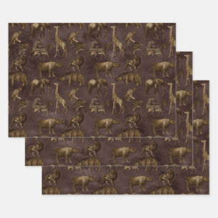 Safari Animals on Dark Brown Wrapping Paper Sheets