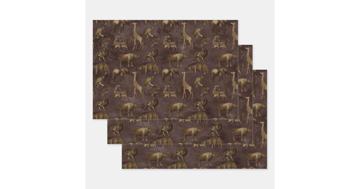 Safari Animals on Dark Brown Wrapping Paper Sheets | Zazzle