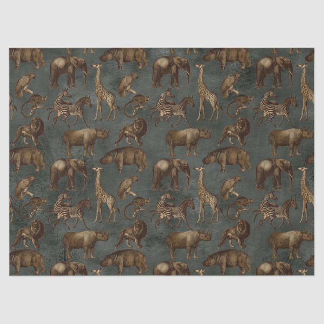 Safari Animals on Dark Green Decoupage Tissue Paper (Front)