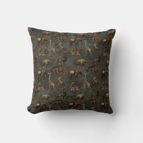 Safari Animals on Dark Green Throw Pillow