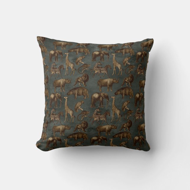 Safari Animals on Dark Green Throw Pillow (Front)