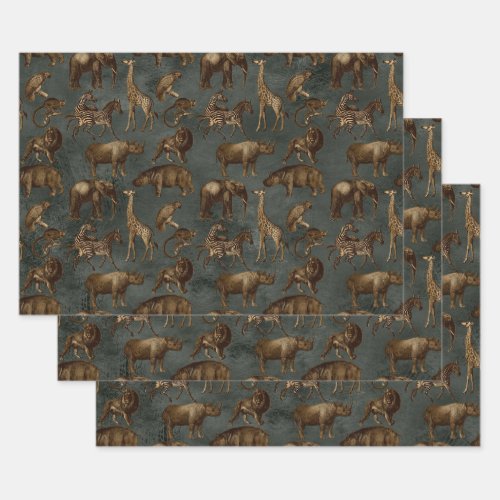 Safari Animals on Dark Green Wrapping Paper Sheets