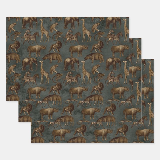 Safari Animals on Dark Green Wrapping Paper Sheets (Set)