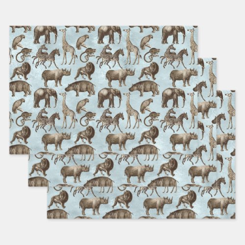 Safari Animals on Light Blue Wrapping Paper Sheets