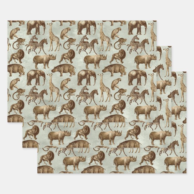 Safari Animals on Light Green Wrapping Paper Sheets (Set)